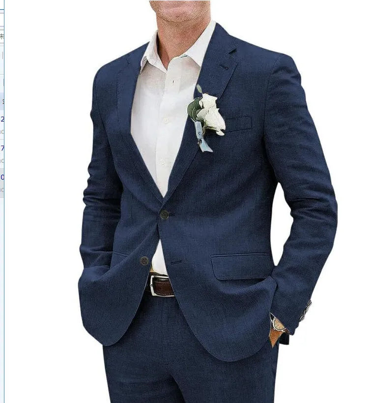 Men's linen slim fit business banquet suit set in beige, jacket and trousers, size XS to 6XL