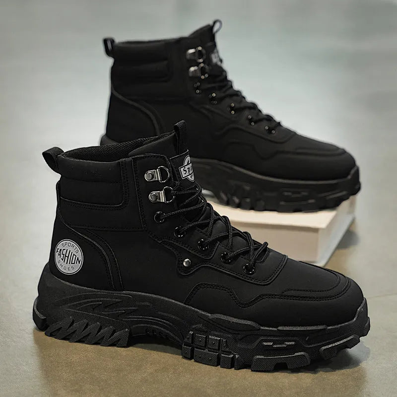 Men's black and yellow high-top Martin boots with a mid heel and injection moulded sole