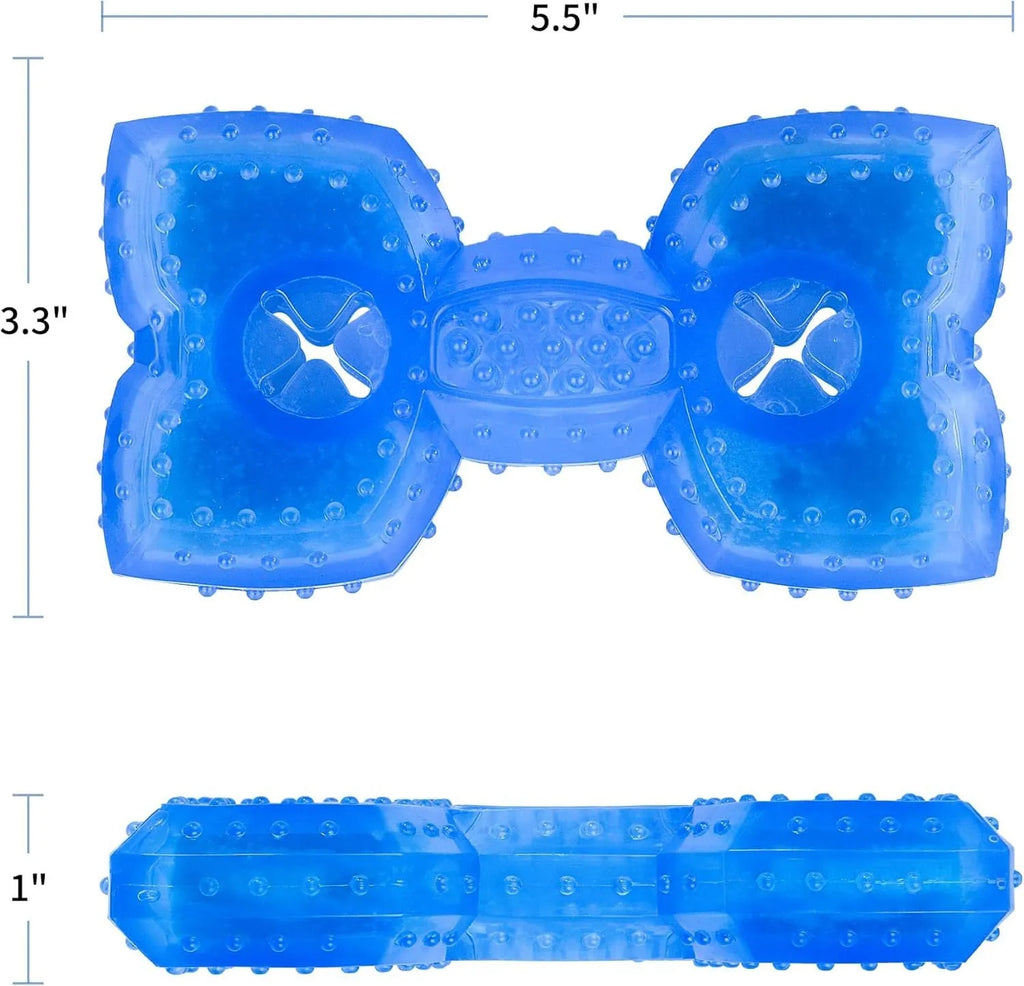 Freezable dog chew toy in bone and circle shapes with a treat slot, shown frozen.