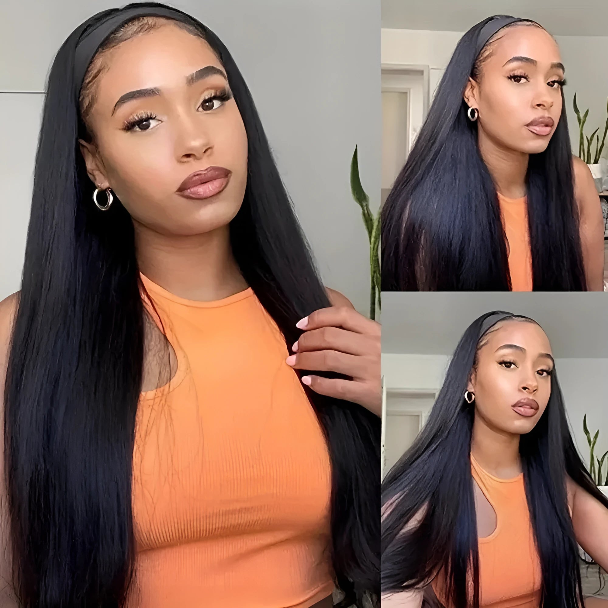 Headband wig with long straight black hair and high temperature fibre material