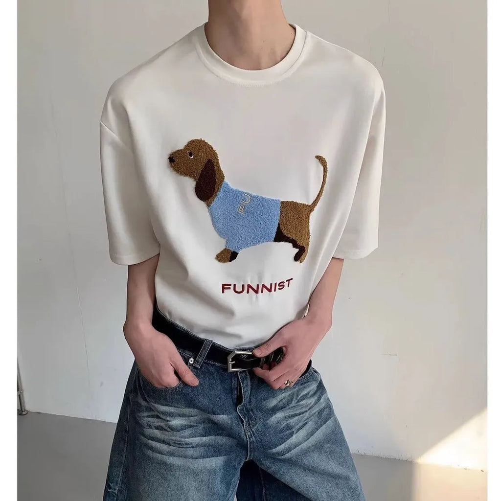 Men's grey short sleeve cotton T-shirt with an embroidered sausage dog towel design on the front.