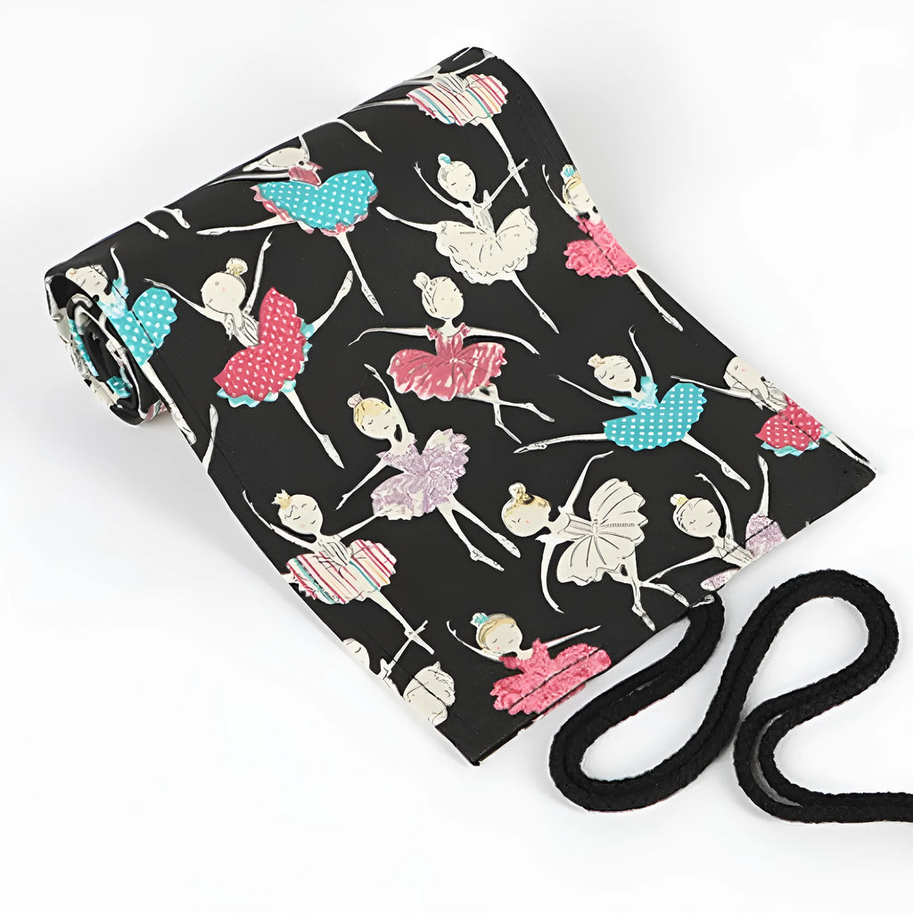 Square canvas rolling pencil case with ballet girl print, shown with curtain unrolled to reveal multiple pencil holes.