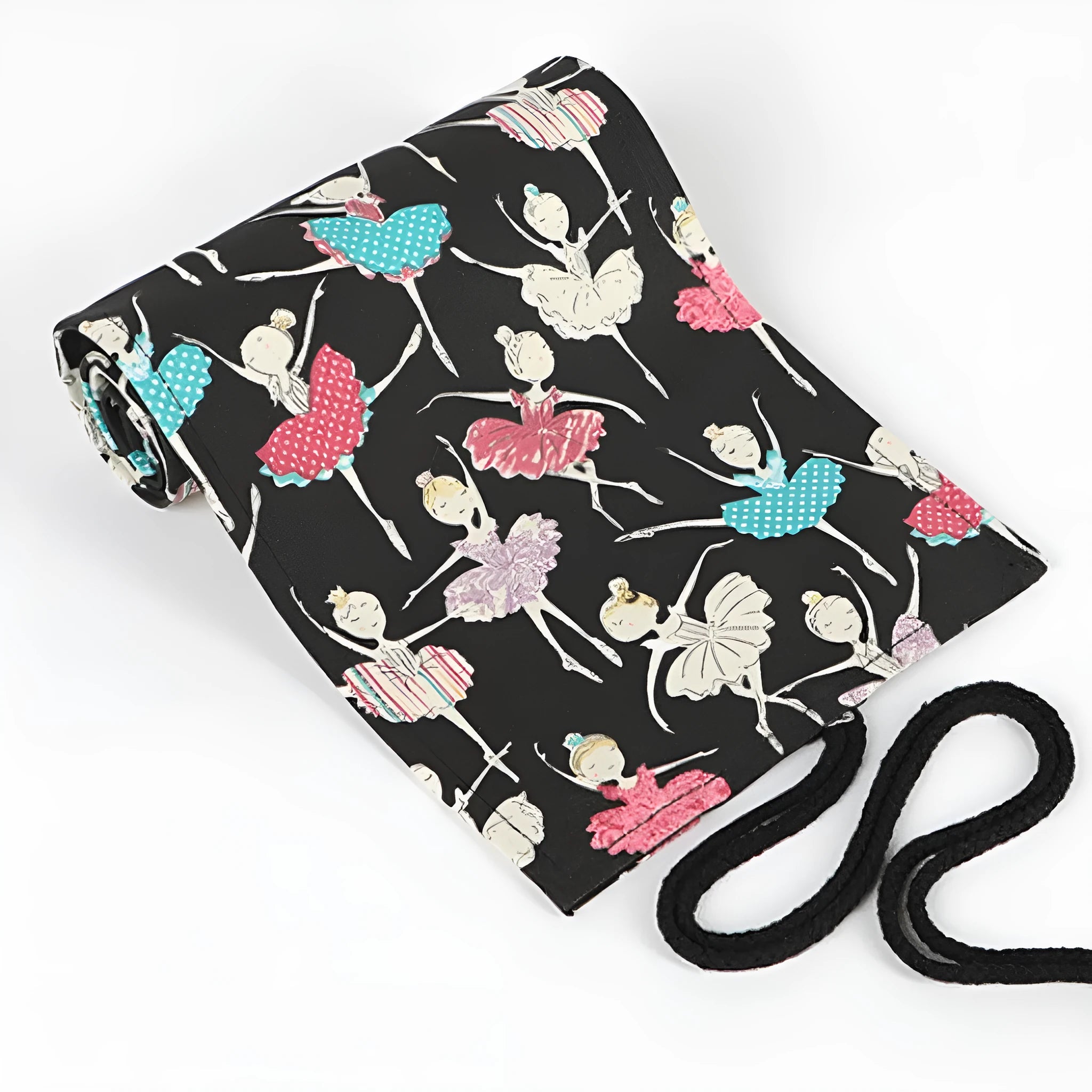Square canvas rolling pencil case with ballet girl print, shown with curtain unrolled to reveal multiple pencil holes.
