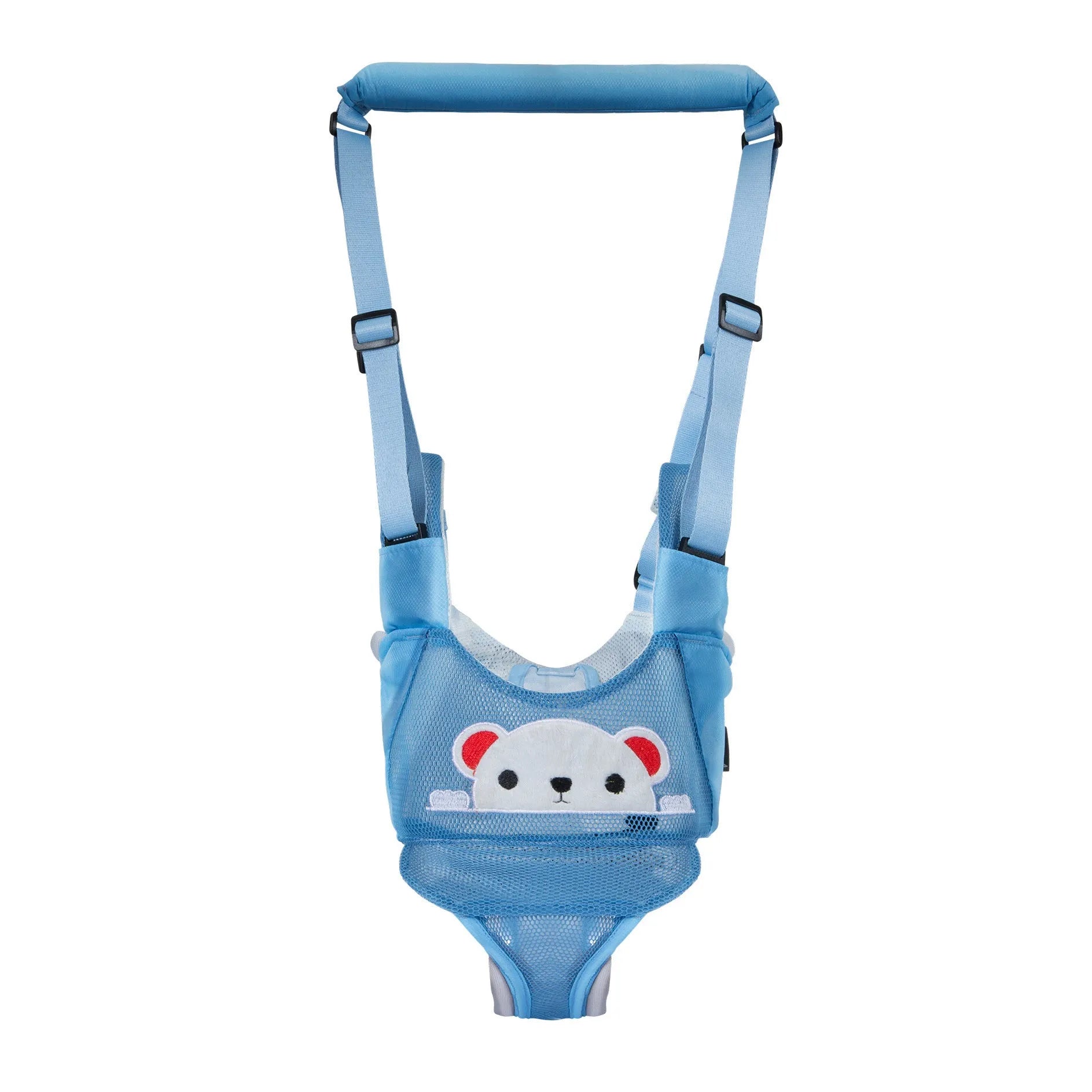 Cotton baby walking harness belt for toddlers in blue colour, showing adjustable straps and chest panel.