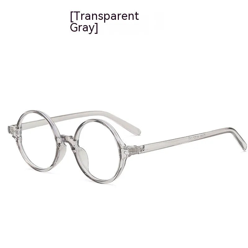 Retro round flat mirror glasses in bright black, sand black, tofu pudding, and transparent grey frame colours.