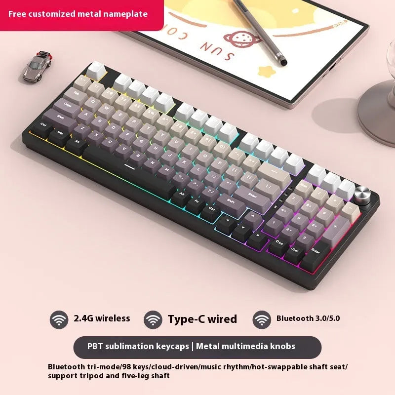 98-key wireless Bluetooth mechanical keyboard kit with metal knob and multiple colour background options