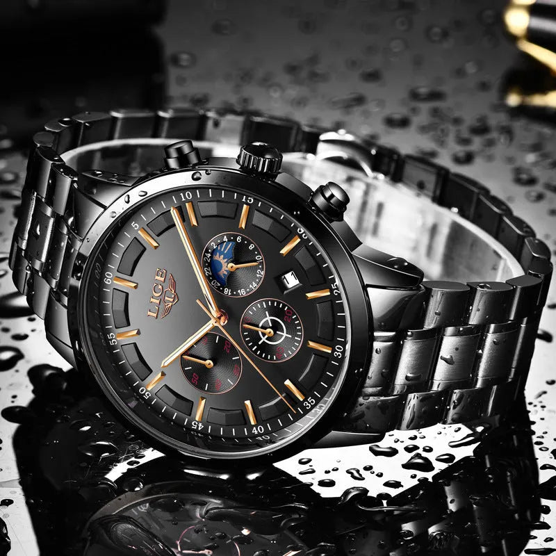 Men's waterproof quartz sports watch in black with rose red blue colour combination