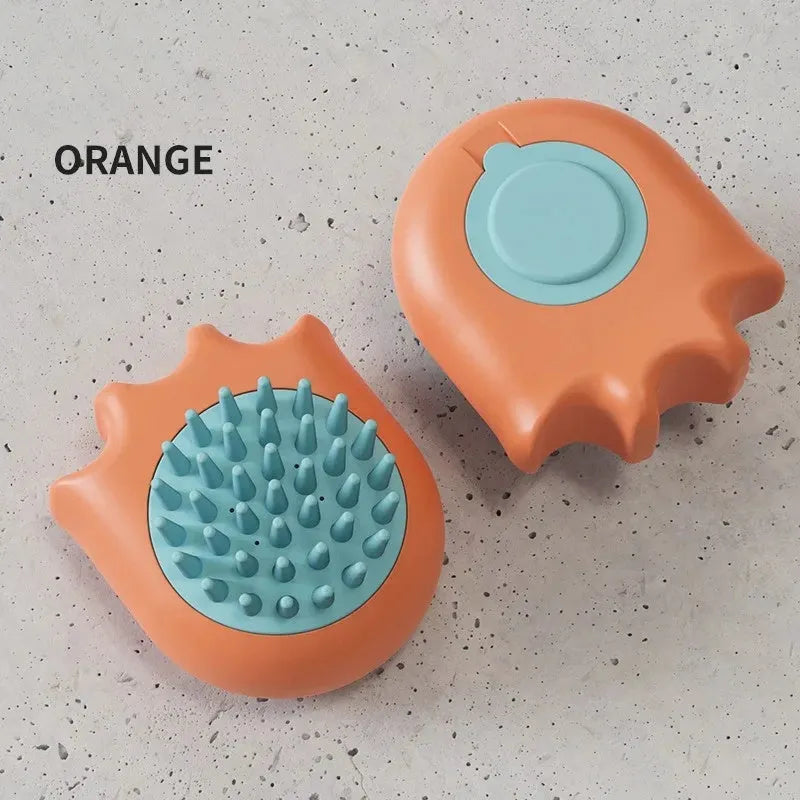 Four pet bath brushes with integrated shampoo boxes in blue, orange, and yellow colours for cat and dog washing