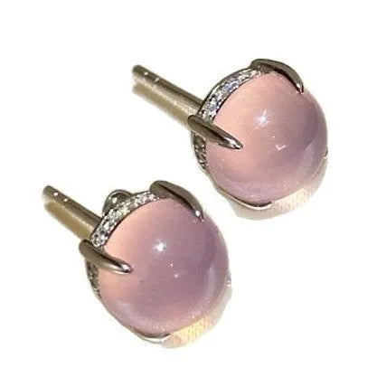 Round egg surface chalcedony earrings with four-claw setting in Chinese national fashion retro style