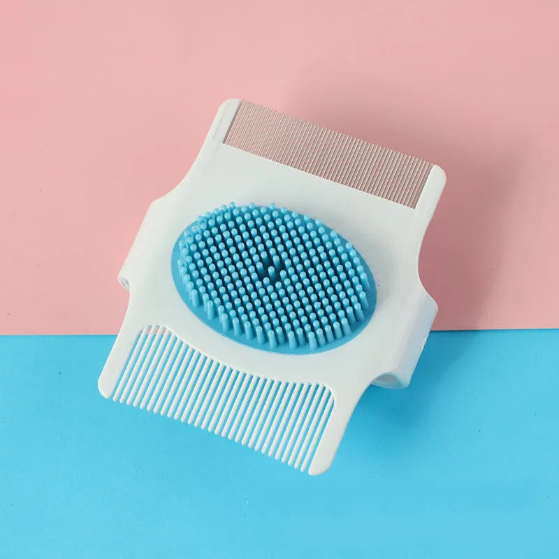 Blue plastic pet grooming comb with hair removal teeth and massage points