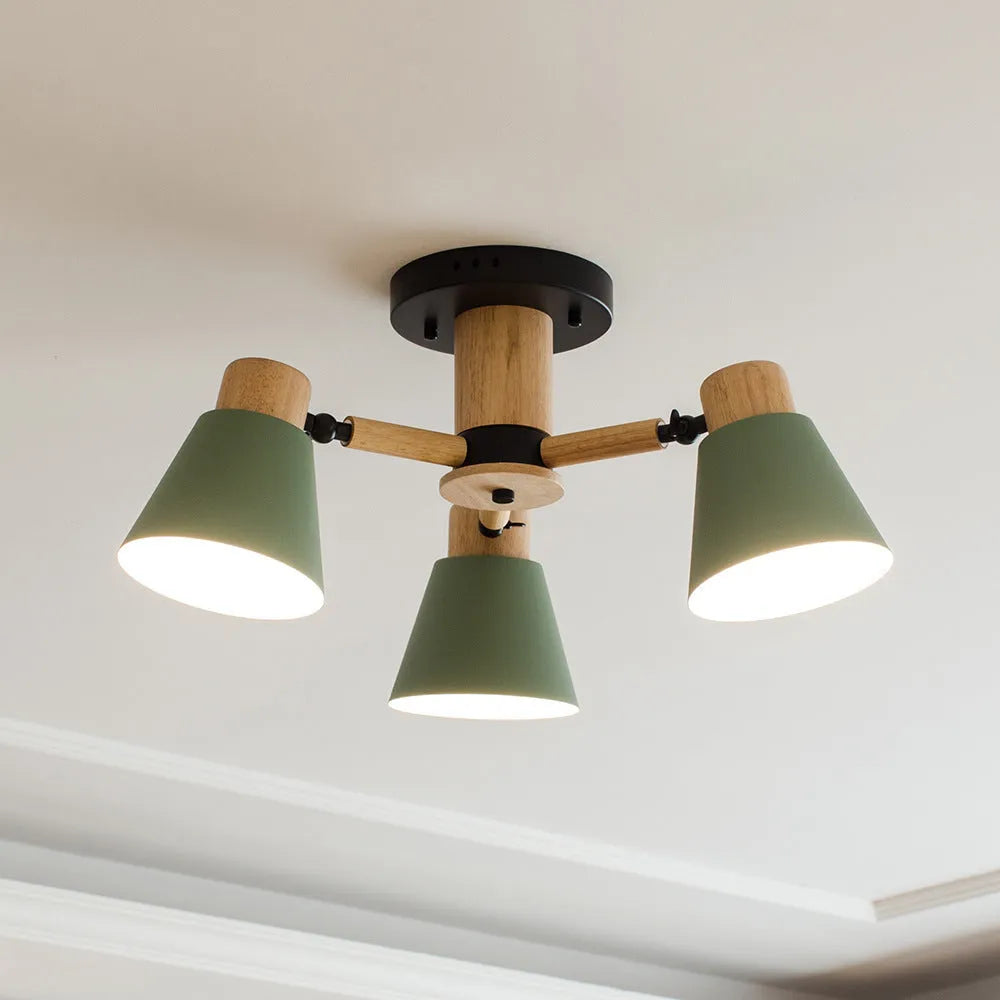 Nordic Macaron ceiling lamp with ironwood construction and colourful pendant heads