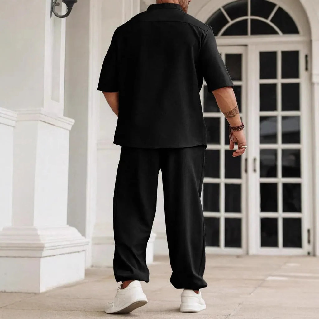 Men's cotton linen casual short-sleeved shirt and trousers set in apricot, black, or grey colours