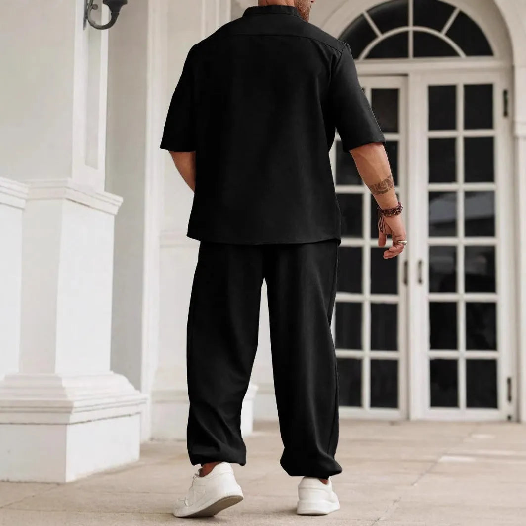 Men's cotton linen casual short-sleeved shirt and trousers set in apricot, black, or grey colours