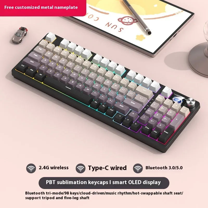 98-key wireless Bluetooth mechanical keyboard kit with metal knob and multiple colour background options