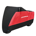 Motorcycle rain cover in black colour showing size options and protective features