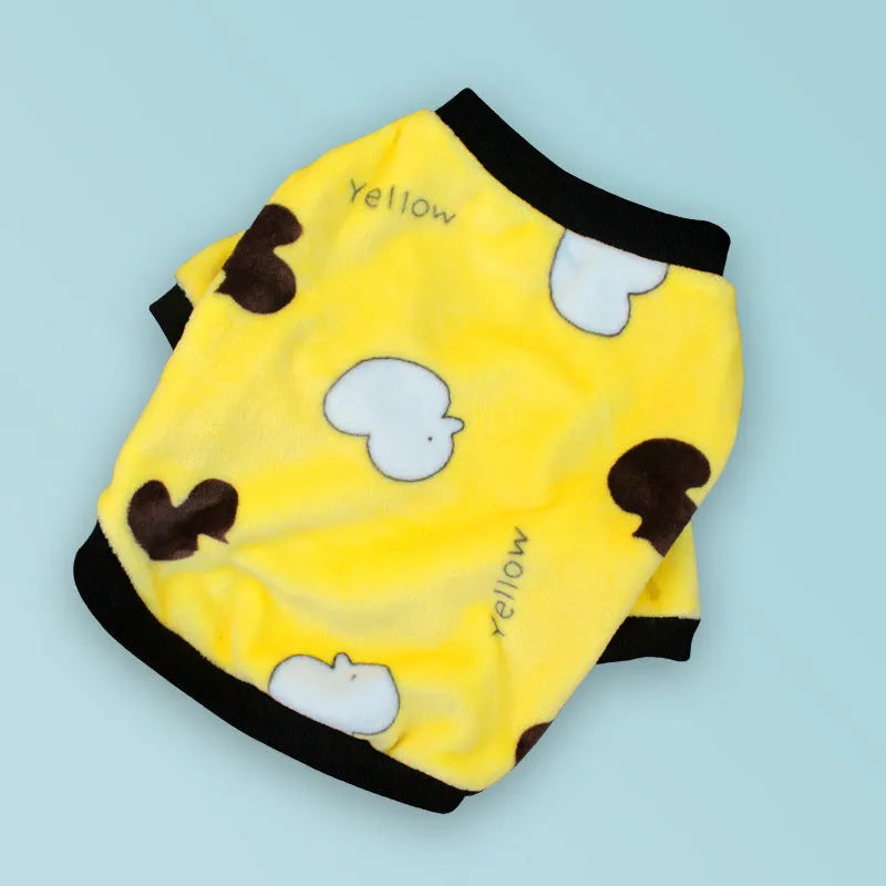 Coral fleece dog pajamas in Bear style pattern on a female Corgi, front view showing sweater design