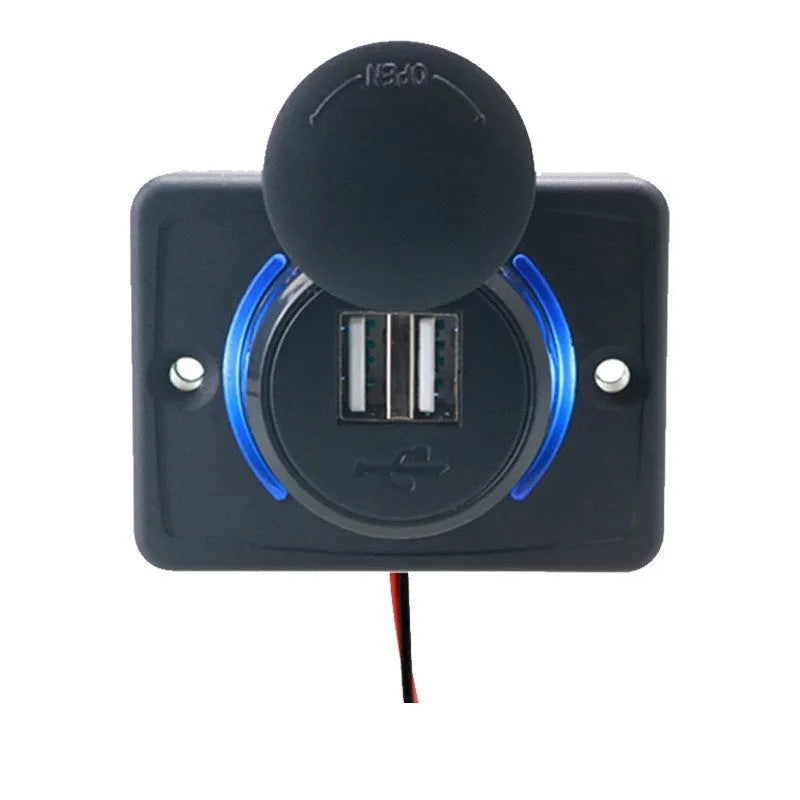 Black dual USB car charger with mounting screws for 12-24V vehicle installation