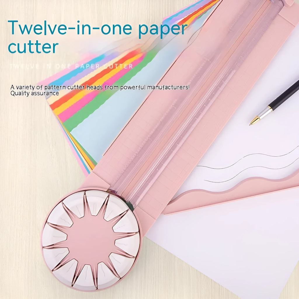 12-in-1 plastic paper cutting machine in pink colour on white background