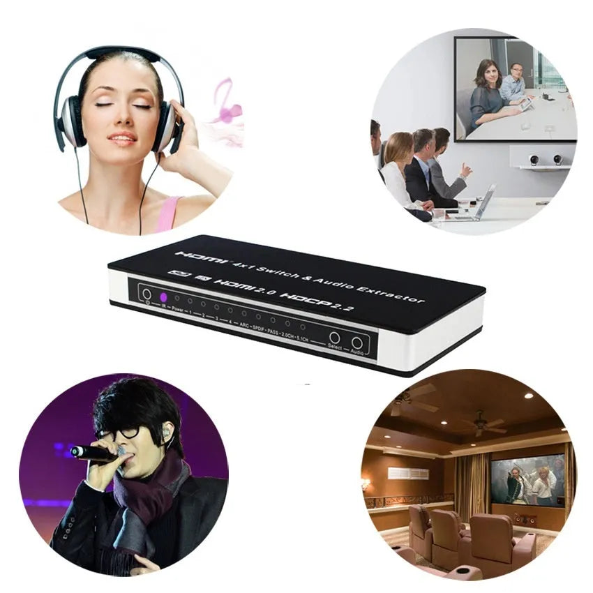 Black HDMI switch with four inputs one output, remote control and 10 metre cable for multi-source connectivity