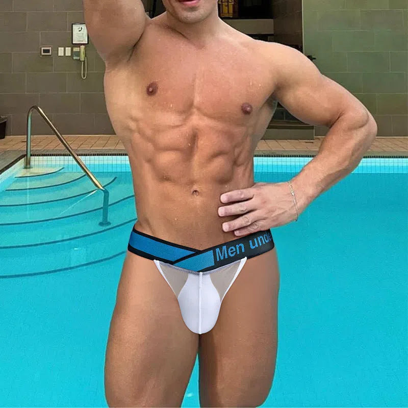 Laser cut V-waist men's nylon ice silk transparent briefs in black, blue, and white
