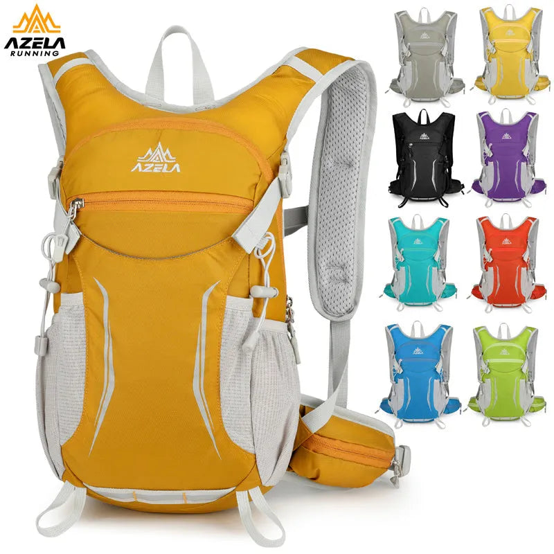 AZELA lightweight hydration backpack in breathable mesh with multiple compartments for trail running and hiking