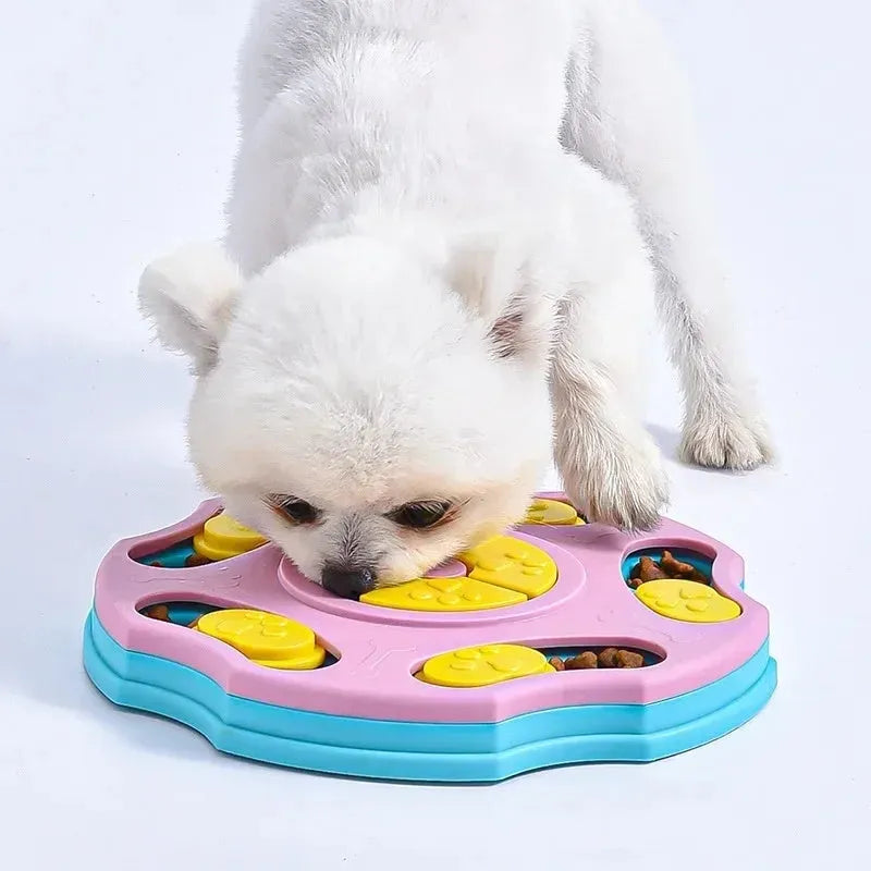 Blue and pink dog puzzle feeder toy for aggressive chewers, a food-searching interactive game.