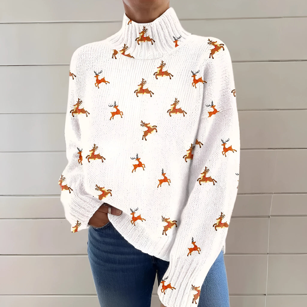 Women's loose-fit Christmas printed turtleneck sweater in macaron colour with painting pattern.