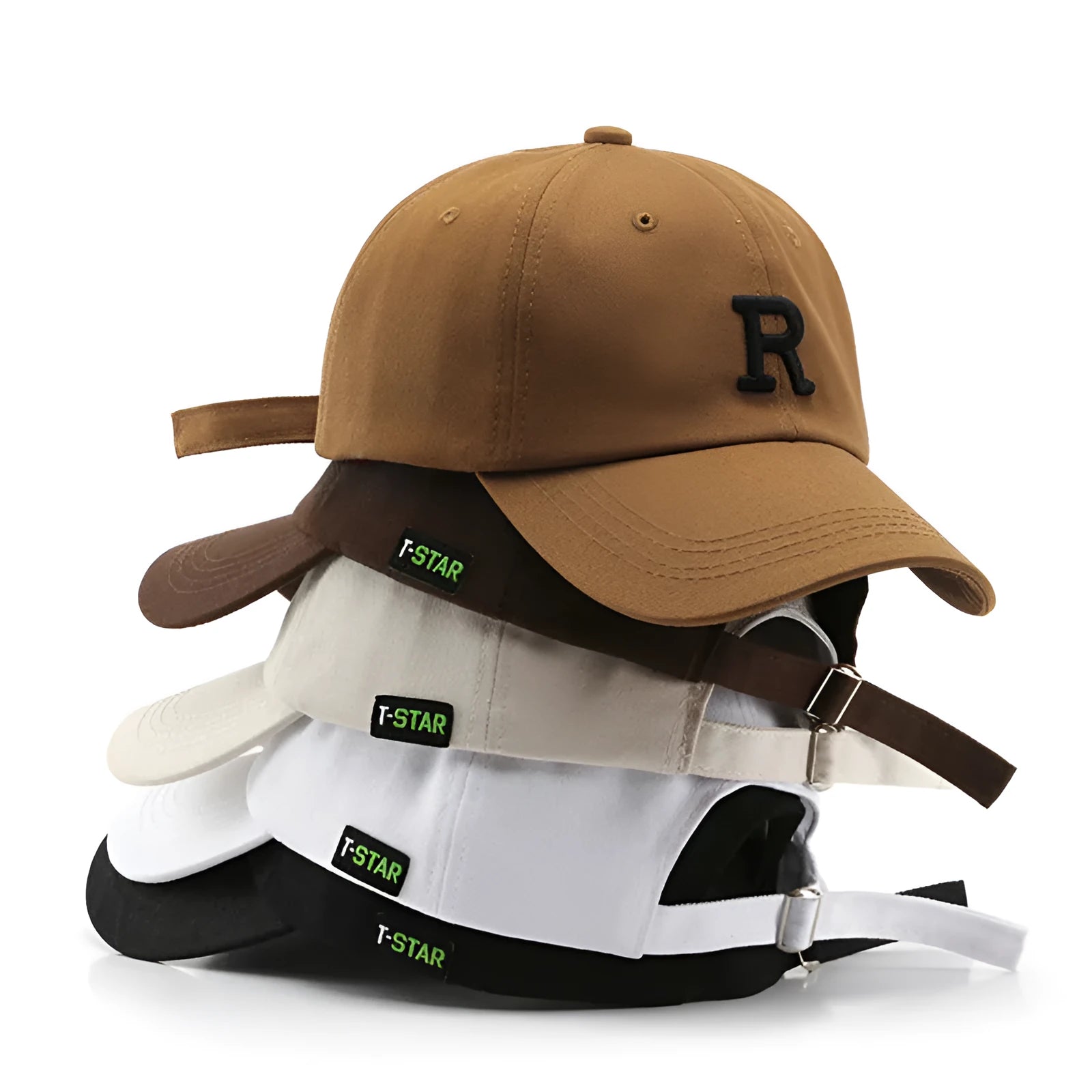 Adjustable unisex baseball cap with embroidered letter R in black cotton satin weave with brim