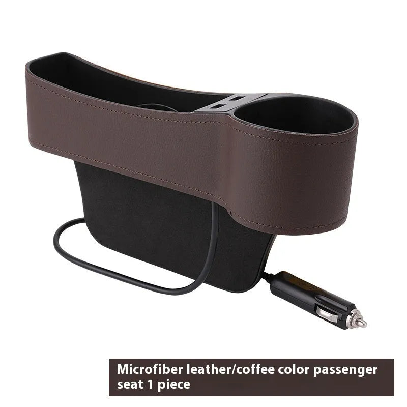 Car seat gap storage box with dual USB ports and PU leather finish in black and red, fitted between seat and centre console