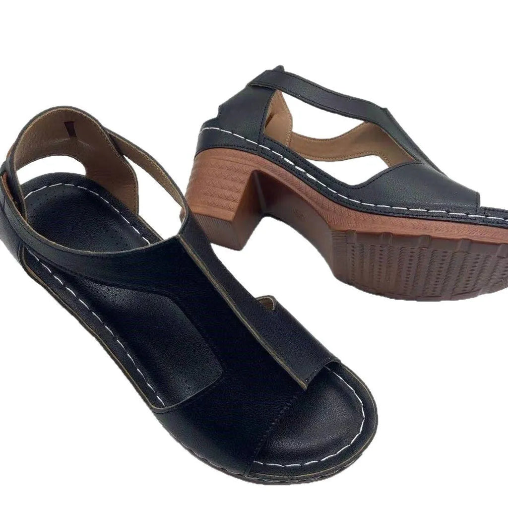Women's plus size peep toe wedge sandals in gold with Roman style and buckle fastening