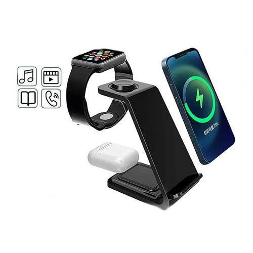 White upright wireless phone charger stand with dual coil technology and Type-C cable