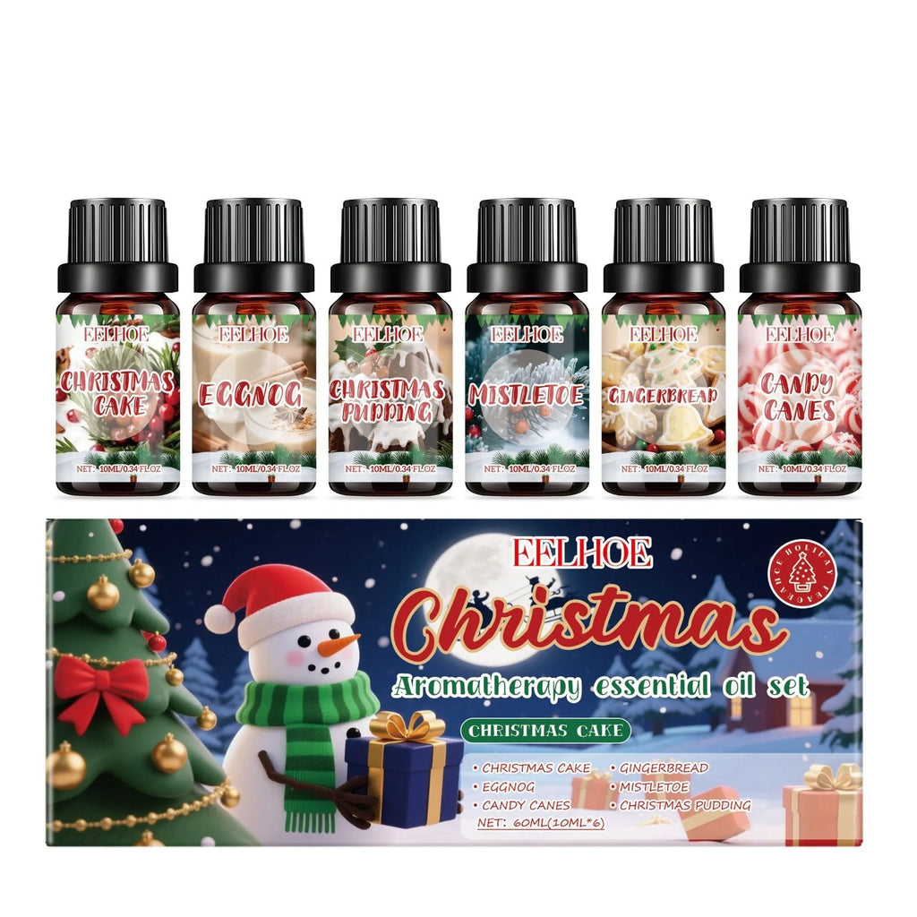 Christmas aromatherapy oil set showing six 60ml bottles for festive home fragrance