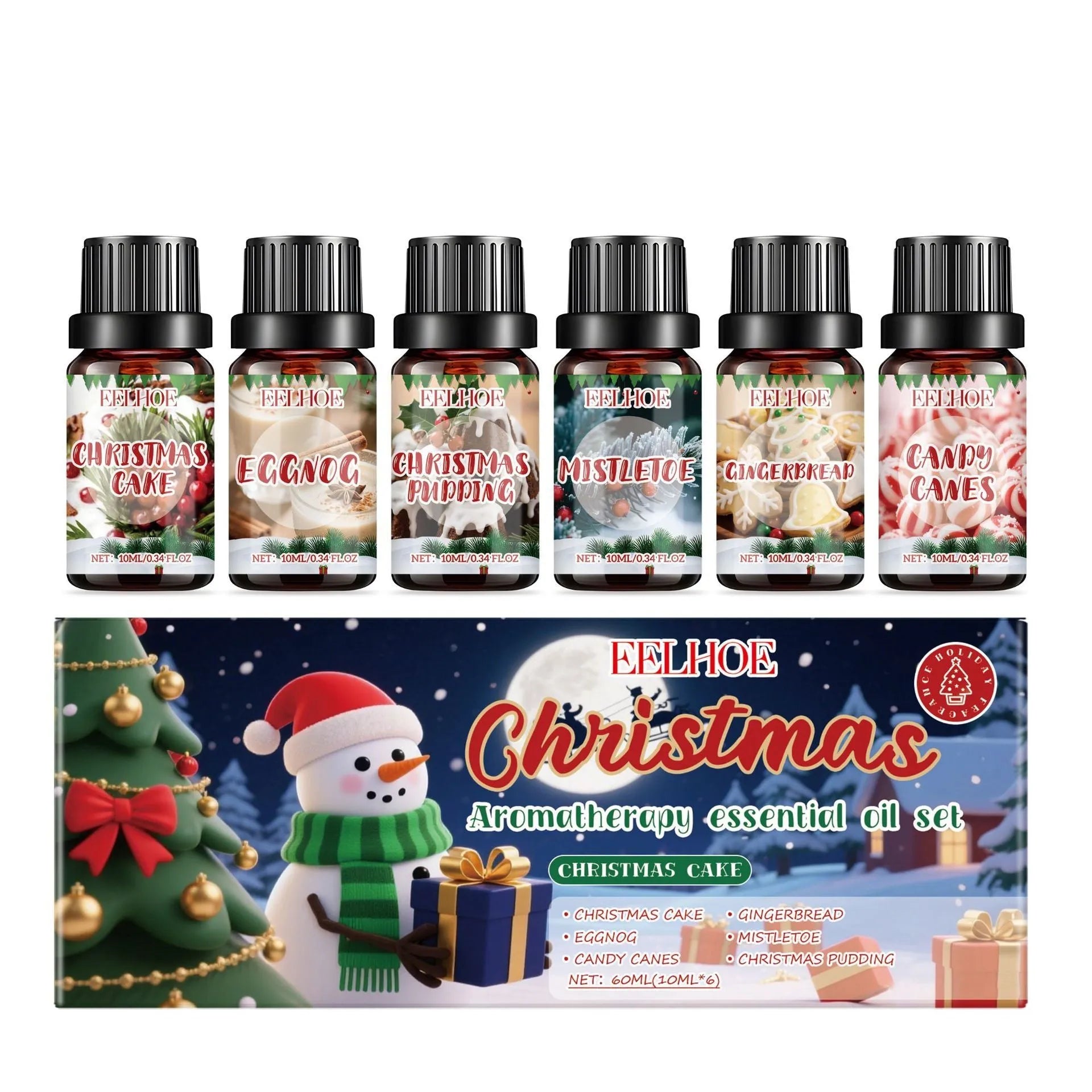 Christmas aromatherapy oil set showing six 60ml bottles for festive home fragrance