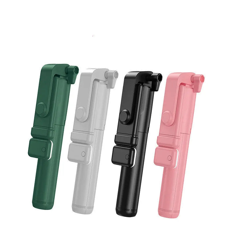 Black aluminium Bluetooth selfie stick tripod with integrated fill light and 360-degree rotating phone holder.