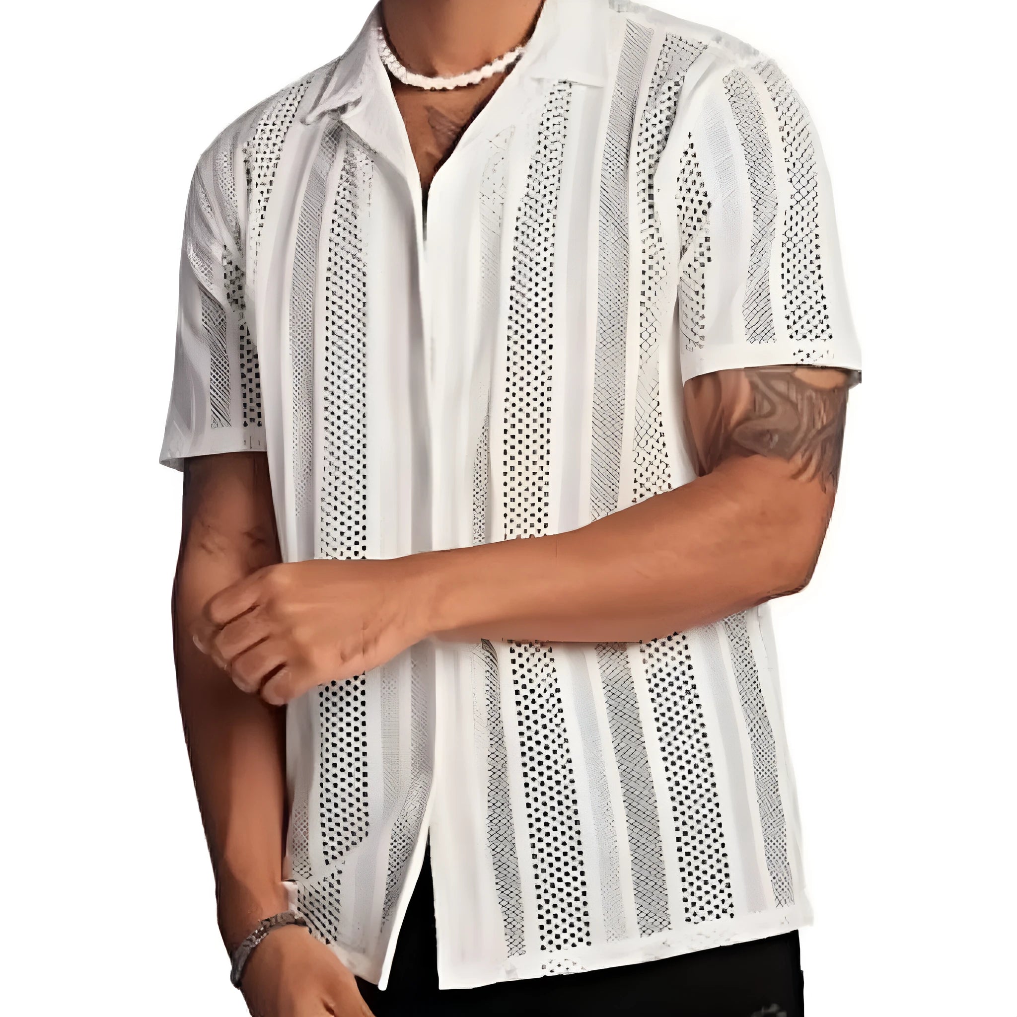 Men's black knitted short-sleeved button shirt with jacquard texture, regular fit cardigan