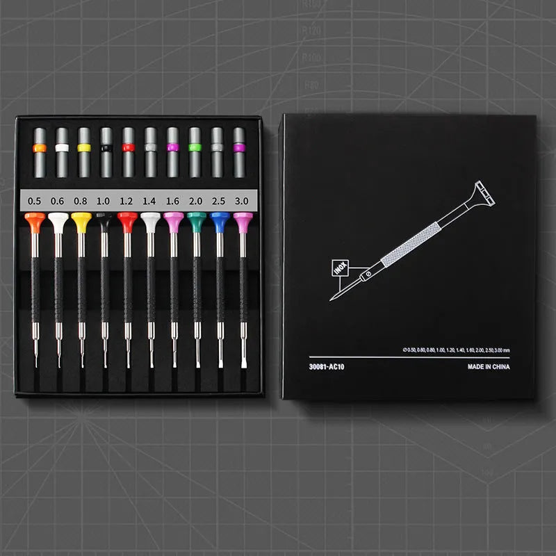 10-piece precision screwdriver set with 20 spare bits for watch and glasses repair