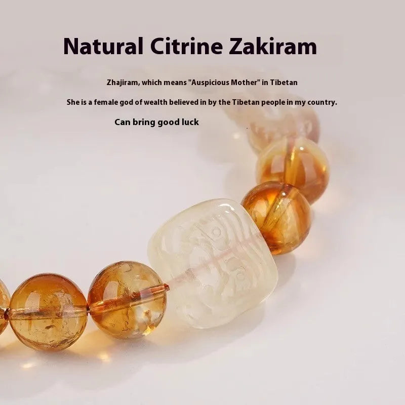 Women's carved citrine bracelet with geometric patterns on 10mm crystal beads in ethnic style
