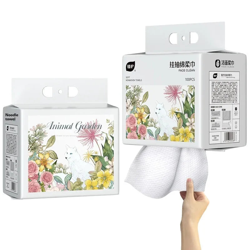 Disposable face cloth roll with removable hanging hook showing soft towel sheets