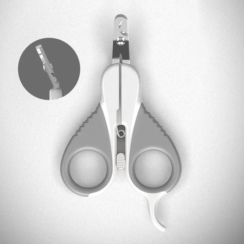 Grey and pink stainless steel cat nail clippers with angled blade and safety lock