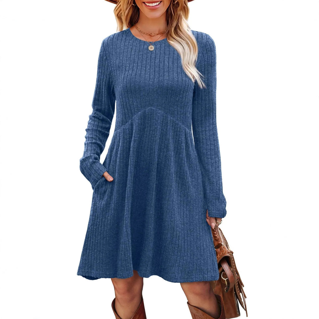 Women's bohemian brushed sunken stripe dress in solid colour, princess-style mid-length, wide waist, available in multiple colours