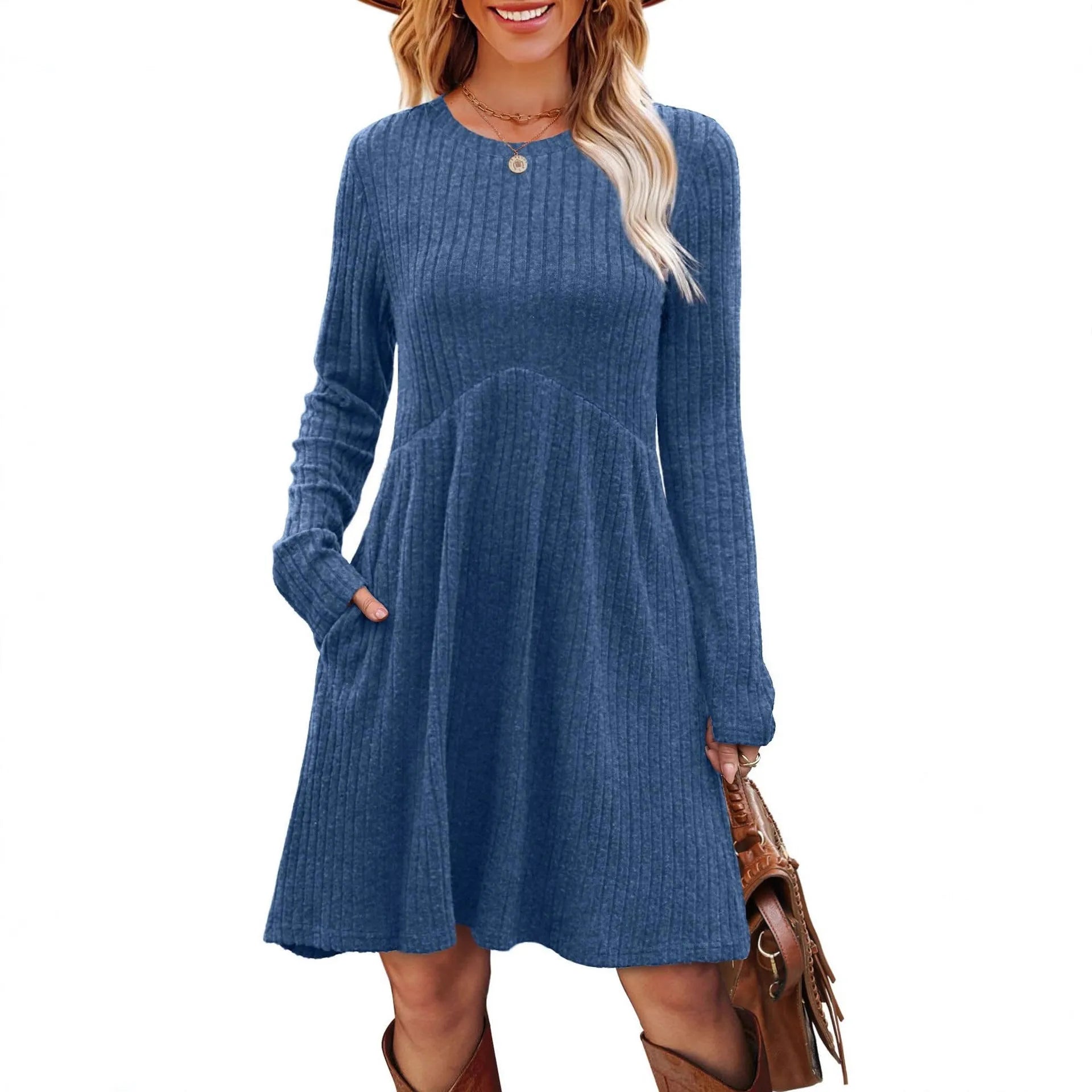Women's bohemian brushed sunken stripe dress in solid colour, princess-style mid-length, wide waist, available in multiple colours
