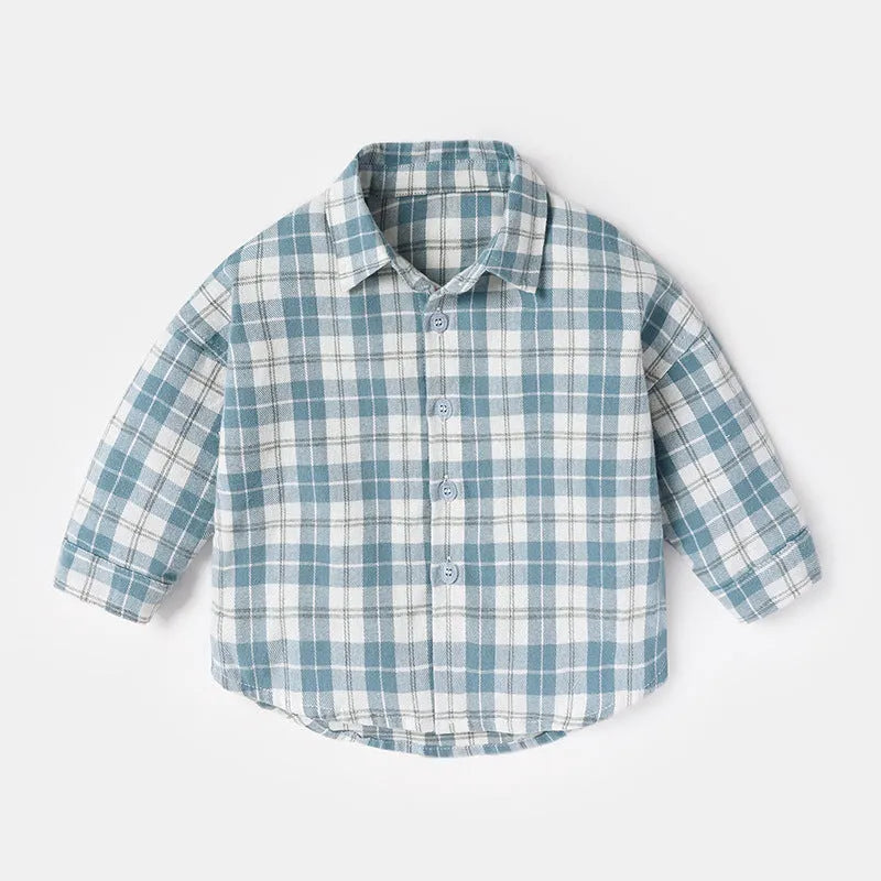 Boy's khaki lattice print cotton long sleeve casual shirt on a hanger