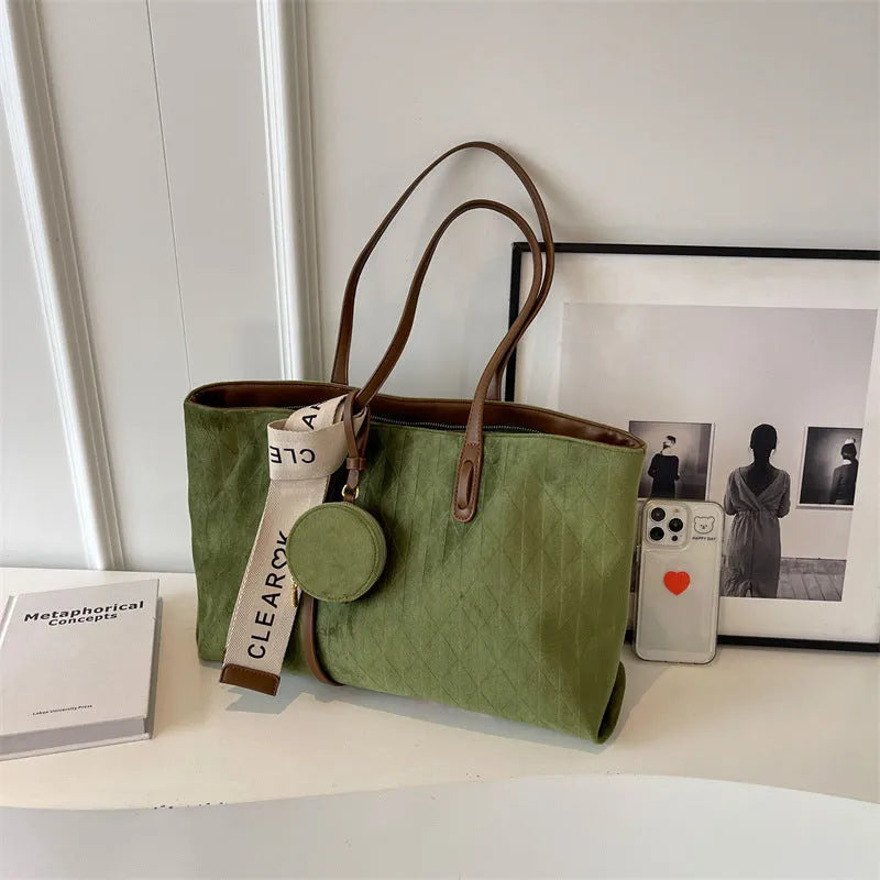 Soft polyester large capacity shoulder tote bag with multiple compartments in horizontal square shape
