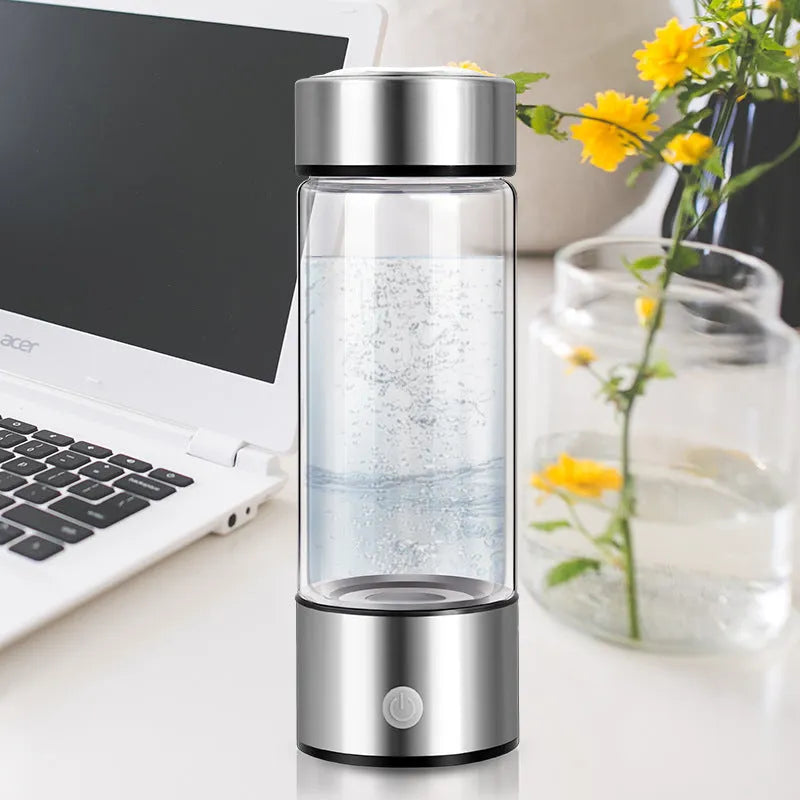 Hydrogen water bottle electric generator portable rechargeable borosilicate glass 401-500ml silver black red rose blue