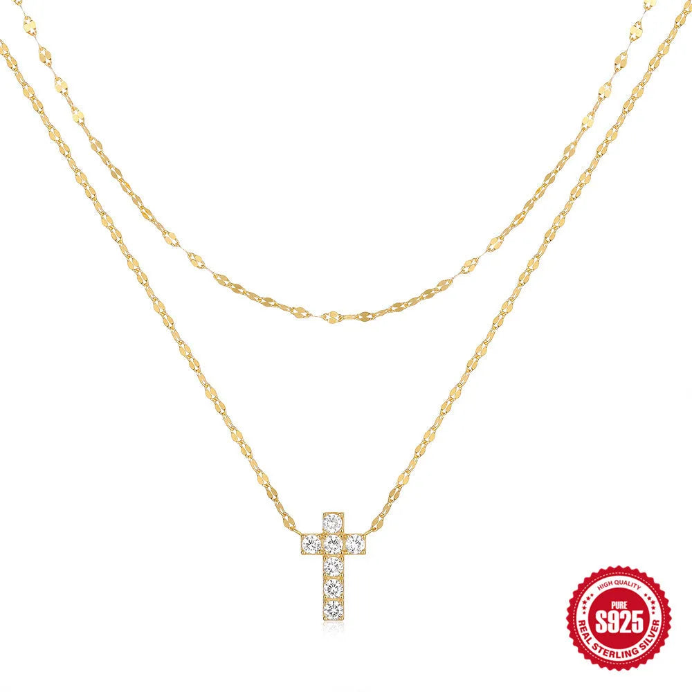 S925 sterling silver double-layer cross pendant with twin diamonds on delicate clavicle chain in gold colour