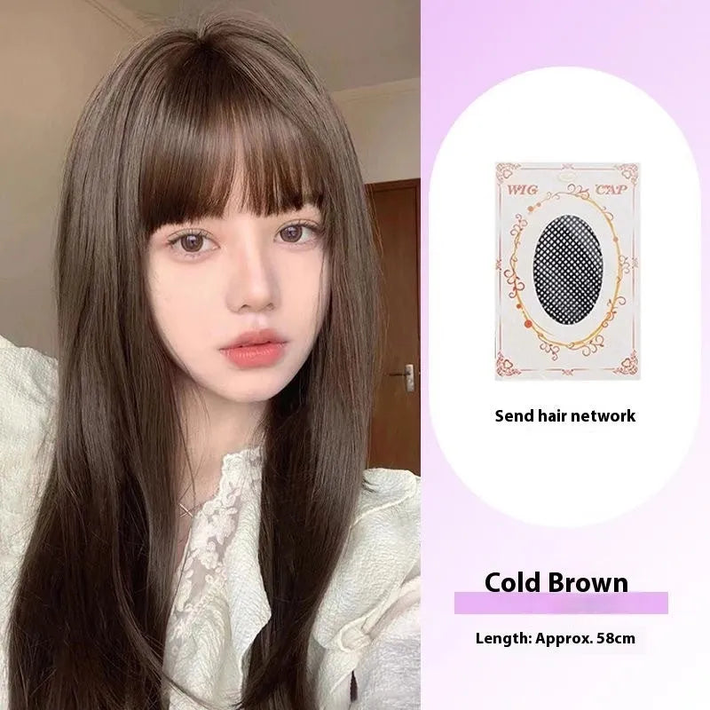 Straight black synthetic wig with fringe options and built-in headband for women
