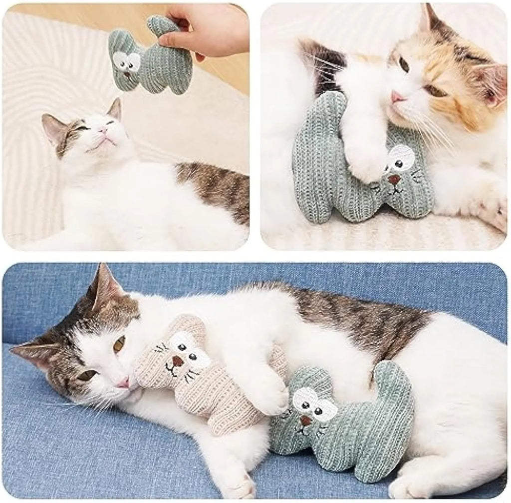 Cyan plush catnip toy with rope elements and a bell for cats on a white background