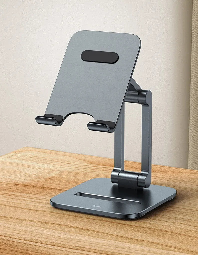 Folding aluminium alloy stand holding a 13-inch tablet on a desk, deep space gray colour, tablet model size 115 by 126 by 43 millimetres