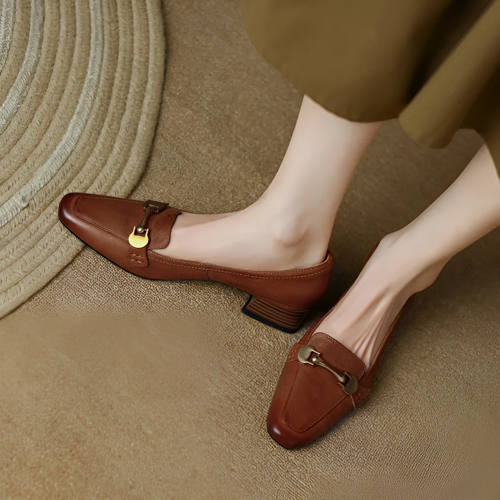 Women's brown retro square toe leather shoes with rubber sole British style
