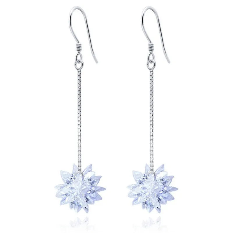 S925 sterling silver ice flower long hook earrings in platinum colour with line detailing